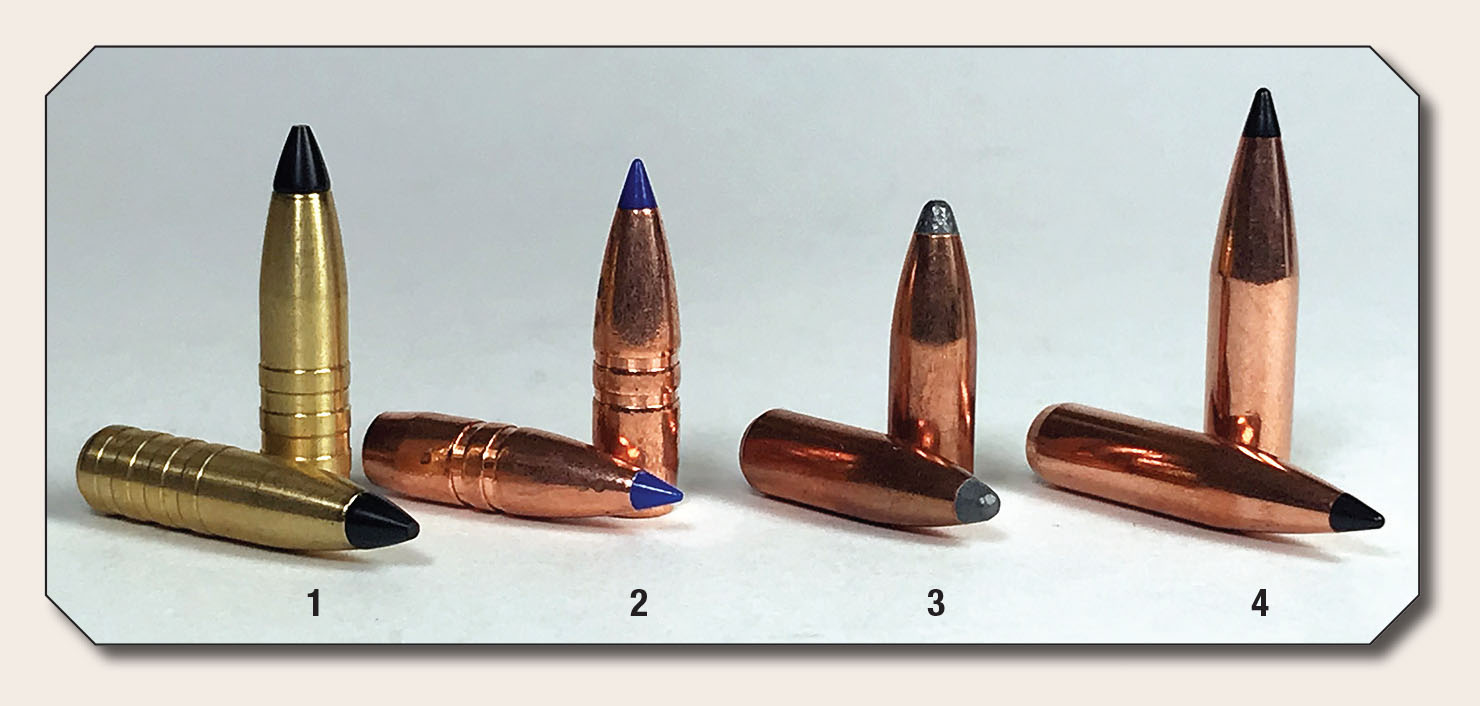 These bullets make the .22-250 an acceptable deer-hunting cartridge: (1) Cutting Edge 55-grain Flat Base Raptor, (2) Barnes 55-grain Tipped Triple Shock, (3) Nosler 60-grain Partition and (4) Swift 75-grain Scirocco II.